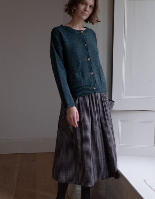 boxy fit donegal tweed cardigan with patch pockets in teal