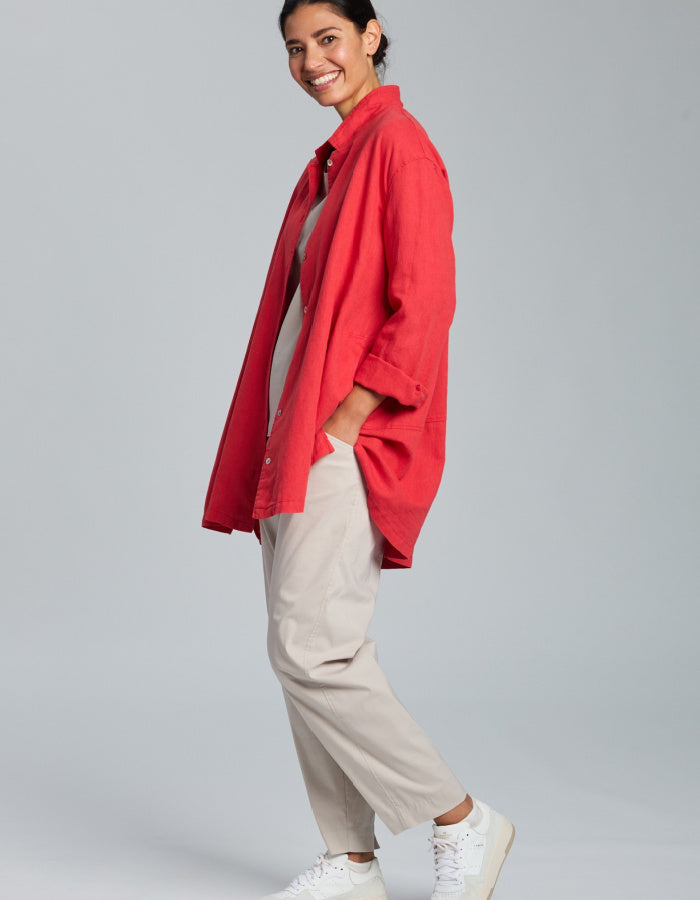 red cotton linen A-line summer shirt stand up collar and side pockets