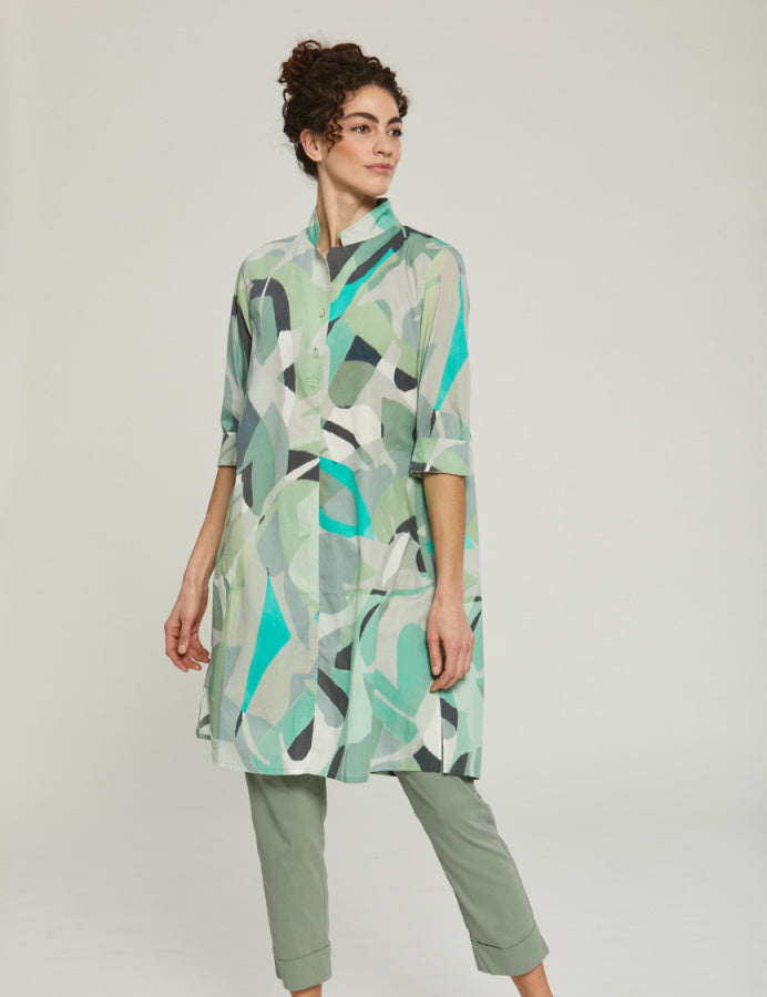 cotton tunic dress with mint green print, button down placket and stand up collar, loose fit, great with summer trousers