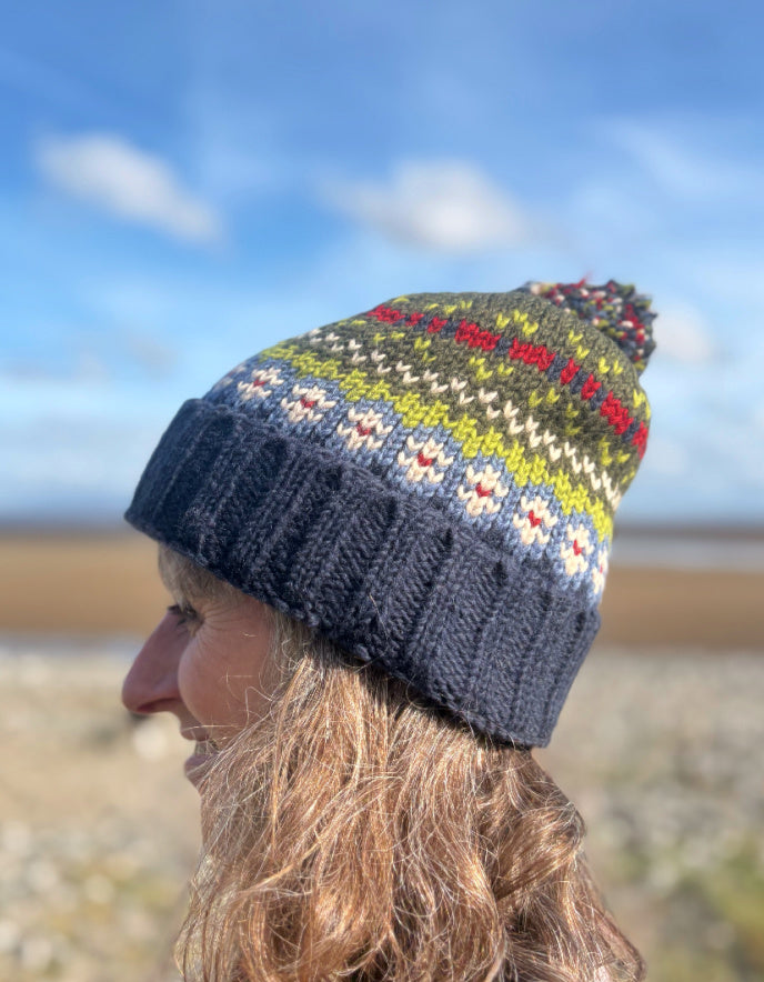 Person wearing a colorful knitted beanie with a pattern against a blue sky.