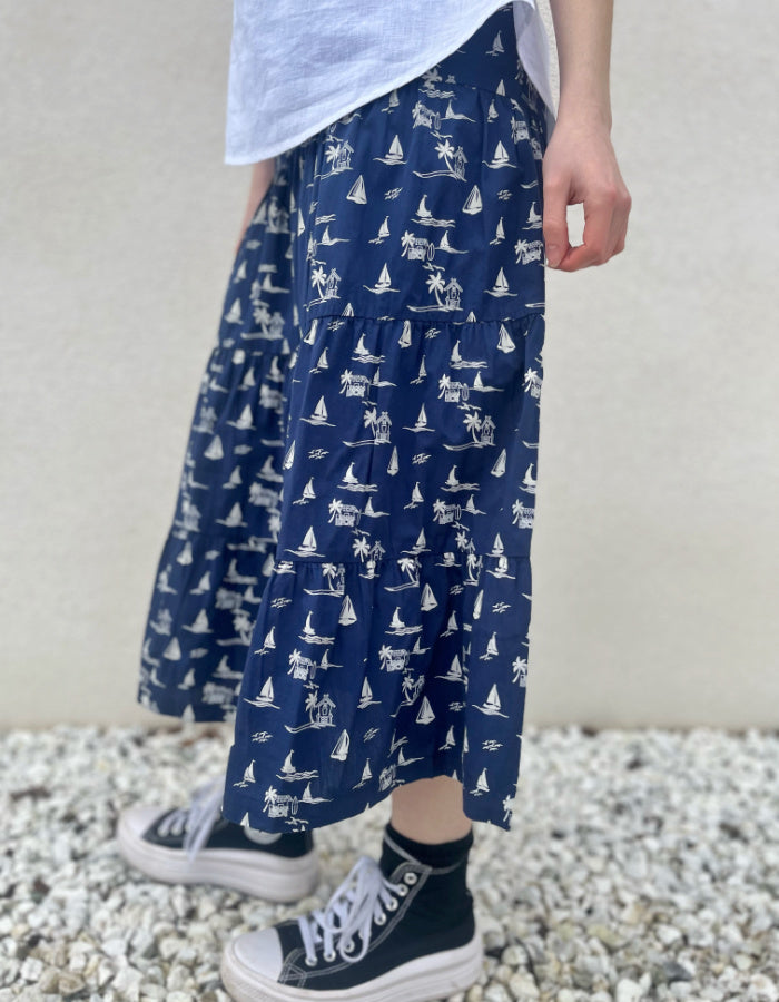 midi length tiered cotton skirt with navy and white boat print