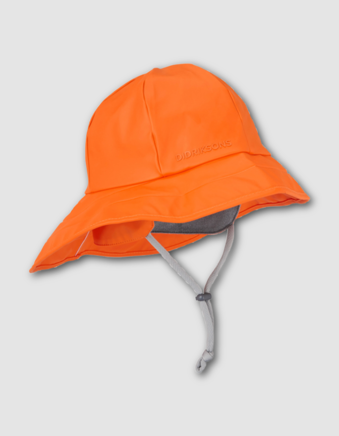 orange waterproof sou ester with fleece ling and drawstring