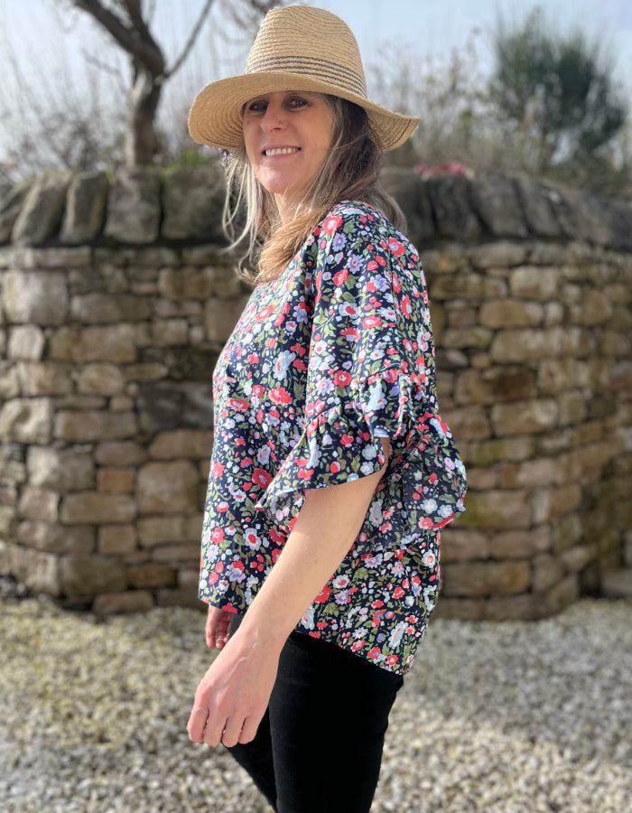 ditsy floral oversized summer cotton top with boho sleeves