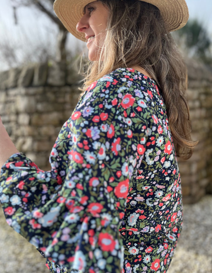 ditsy floral oversized summer cotton top with boho sleeves