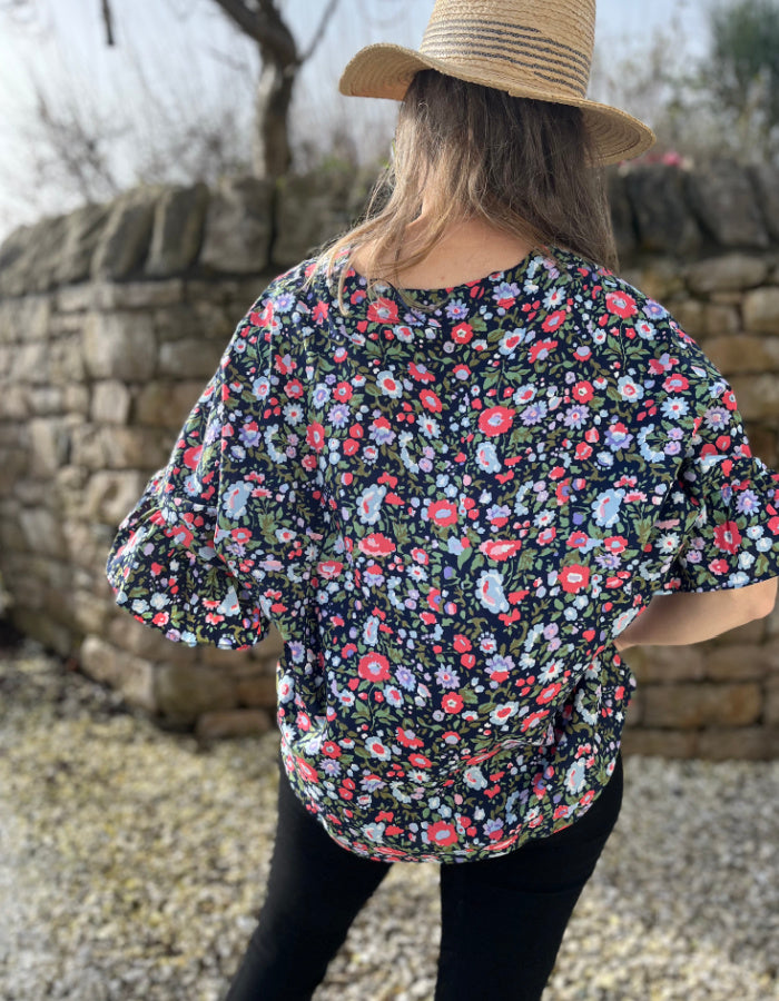 ditsy floral oversized summer cotton top with boho sleeves