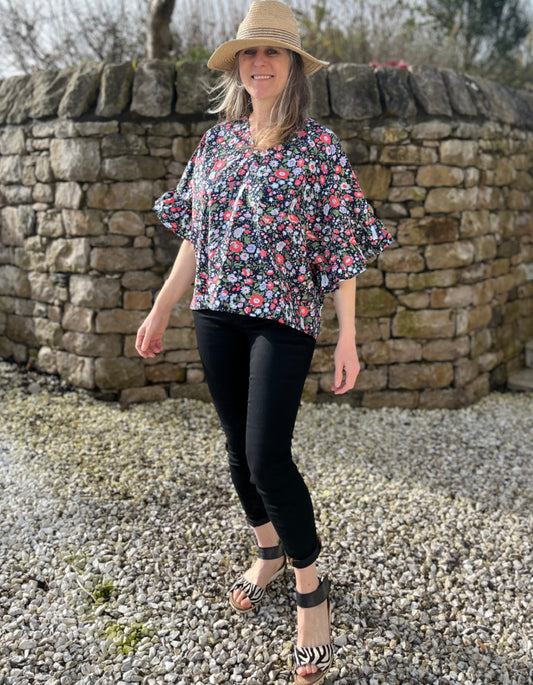 ditsy floral oversized summer cotton top with boho sleeves