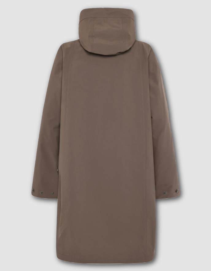  a mocha brown waterproof coat on a white background parka style