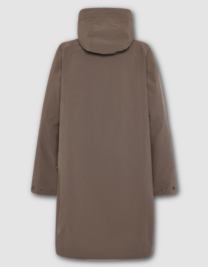  a mocha brown waterproof coat on a white background parka style