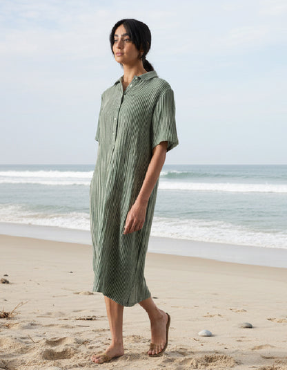 green stripe shirt dress