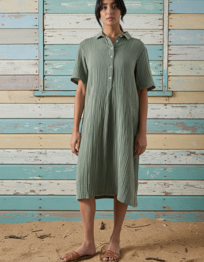 green stripe shirt dress