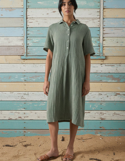green stripe shirt dress