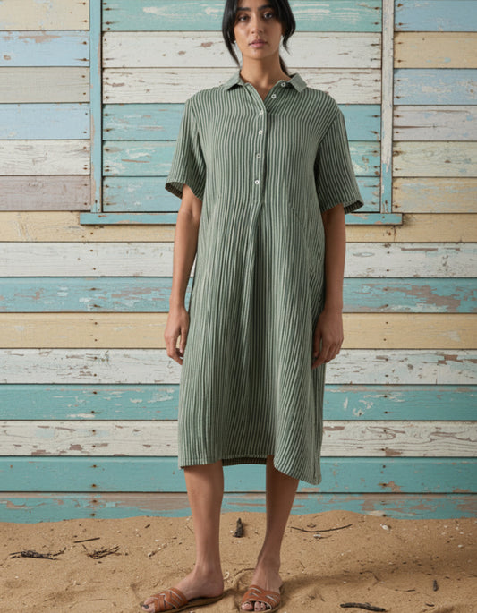 green stripe shirt dress