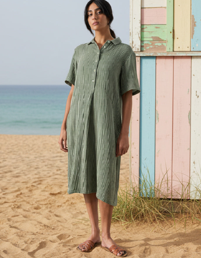 green stripe shirt dress