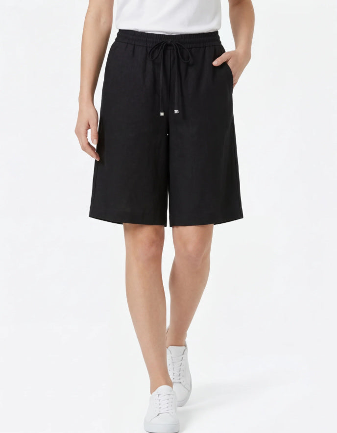 black linen blend Bermuda shorts with elasticated waist
