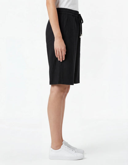 black linen blend Bermuda shorts with elasticated waist