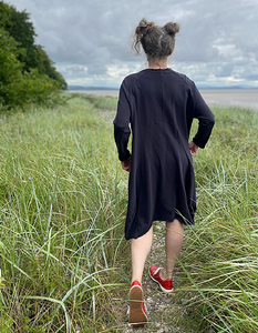 one size midnight navy cotton jersey swing dress with full length sleeves and godet panels in the skirt