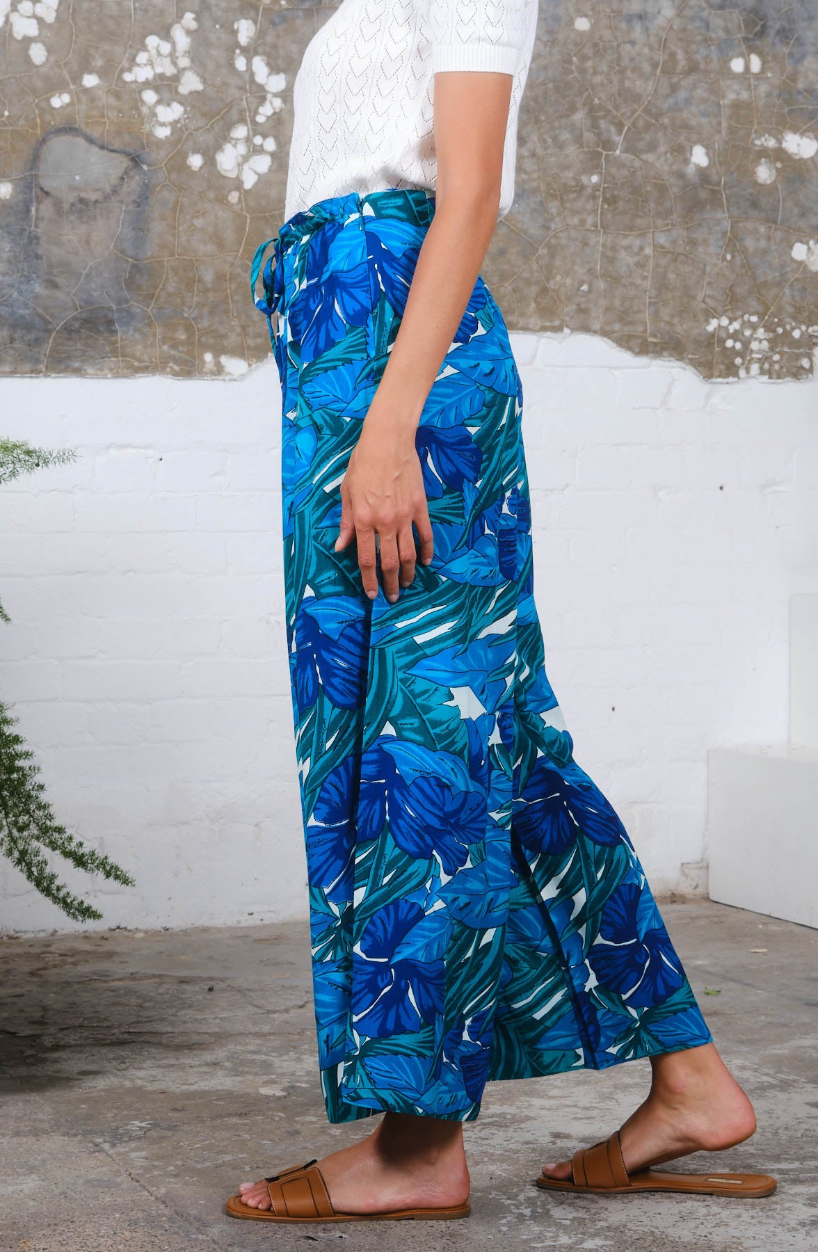 wide leg cotton summer trouser with drawstring waist in blue tropical print