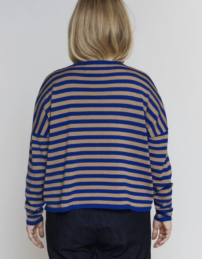 A person viewed from the back wearing a cropped long-sleeve knit top with horizontal royal blue and tan stripes, paired with dark navy pants, against a plain light gray background.