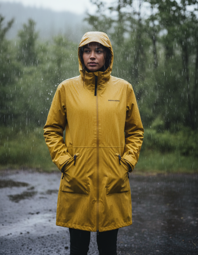 woman wearing yellow waterproof coat