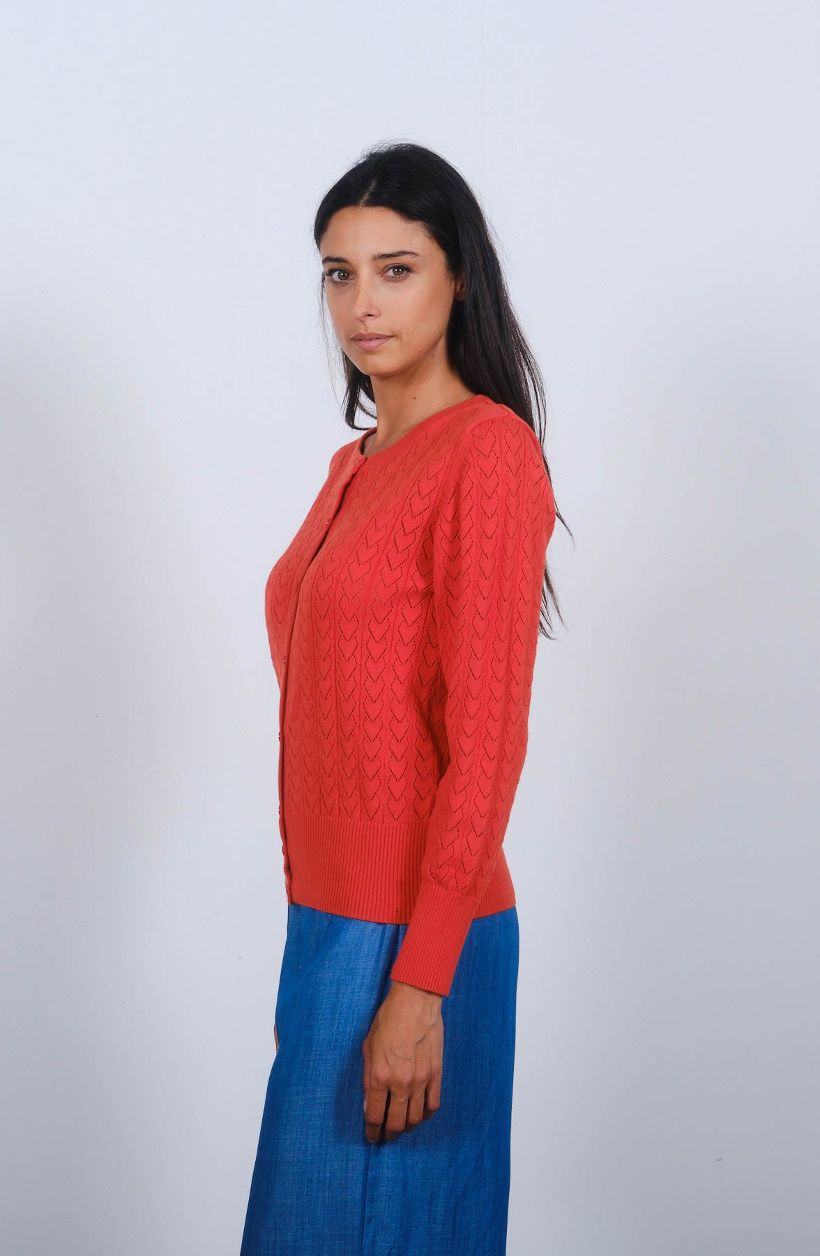 Pretty Vacant Heart Pointelle Cardigan in Spicy Orange