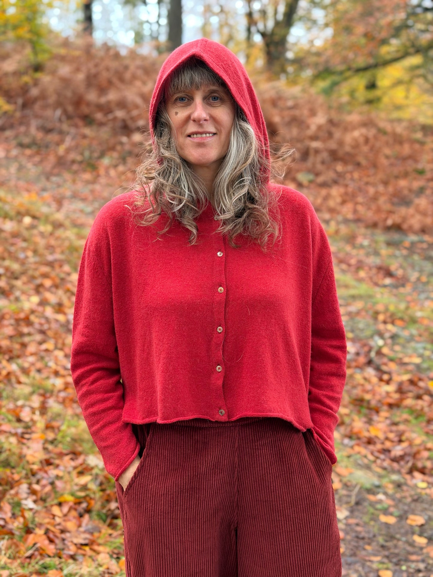 Ochre Elsi Hooded Cardigan in Rusty Red Cashmere & Lambswool