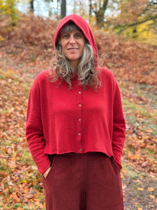 Ochre Elsi Hooded Cardigan in Rusty Red Cashmere & Lambswool
