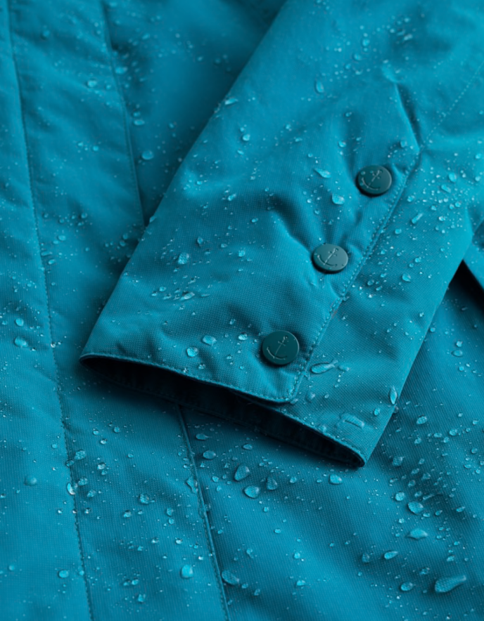 Close-up of a blue raincoat with water droplets on the fabric