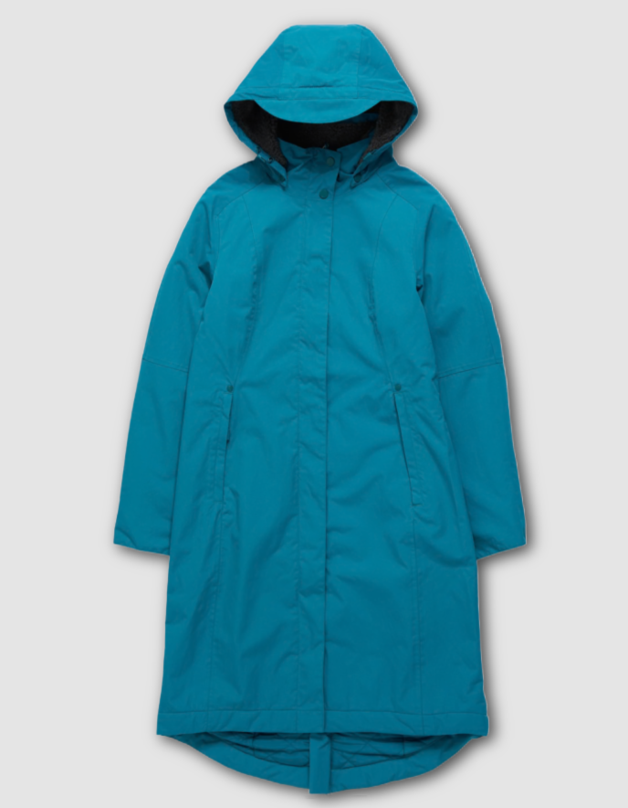 Person wearing a teal raincoat with a hood on a white background