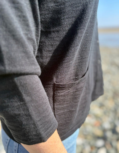 woman wearing a black cotton cardigan