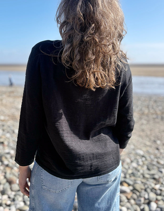 woman wearing a black cotton cardigan