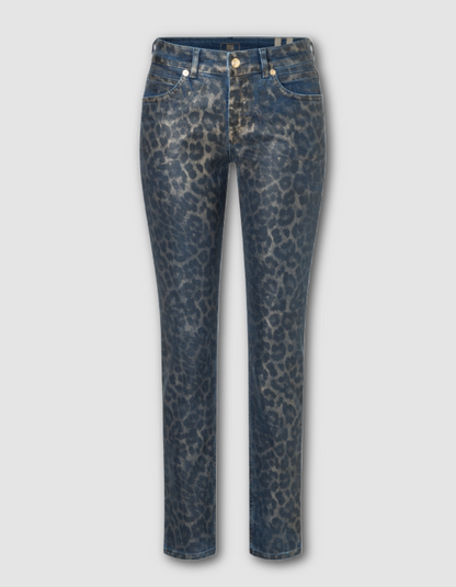 Blue jeans with a leopard print pattern on a light gray background