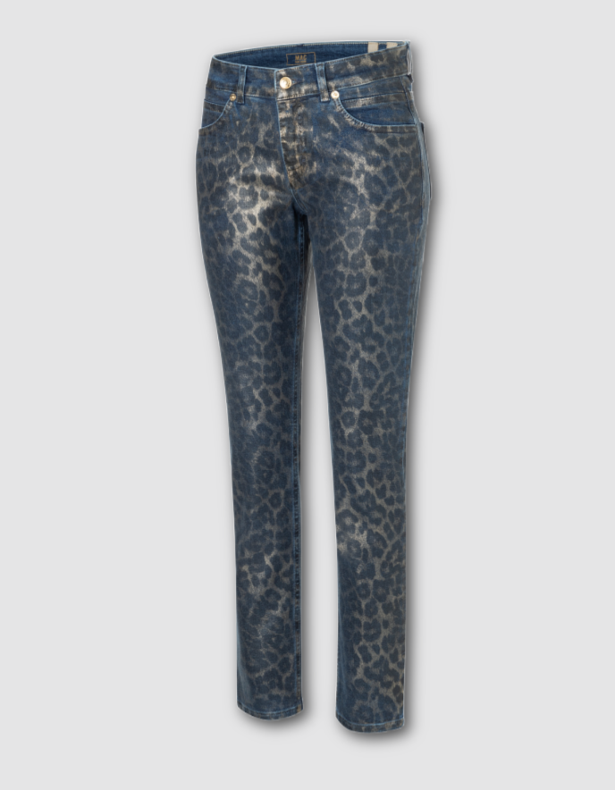 Blue jeans with a leopard print pattern on a light gray background