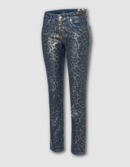 Blue jeans with a leopard print pattern on a light gray background