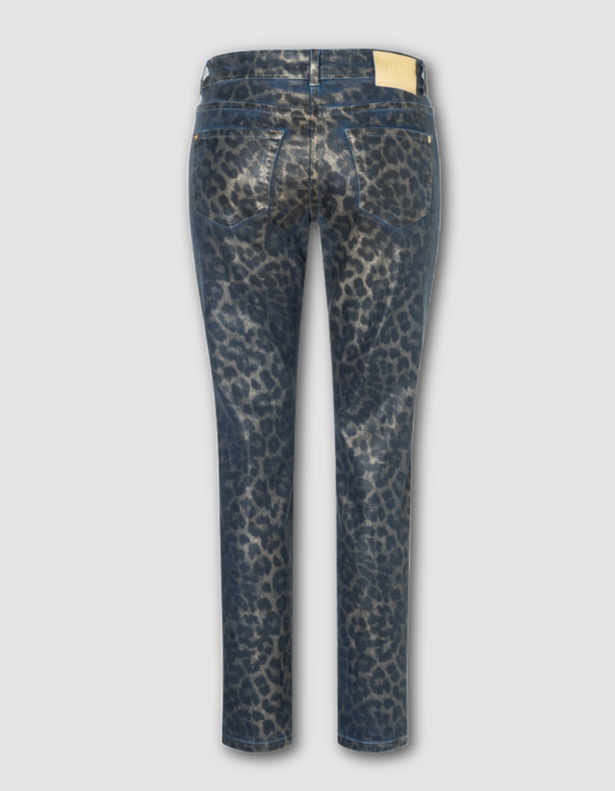 Blue jeans with a leopard print pattern on a light gray background