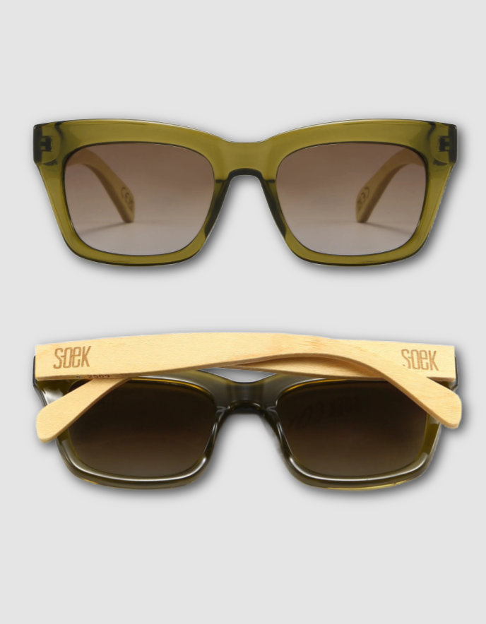 moss green framed sunglasses with smoky lens and wood arms