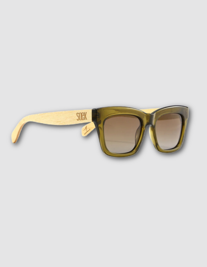 moss green framed sunglasses with smoky lens and wood arms