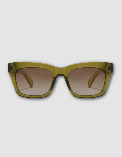 moss green framed sunglasses with smoky lens and wood arms