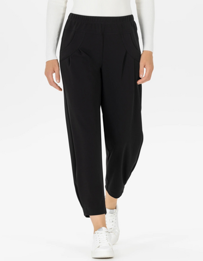 black crepe barrel leg pull on trouser