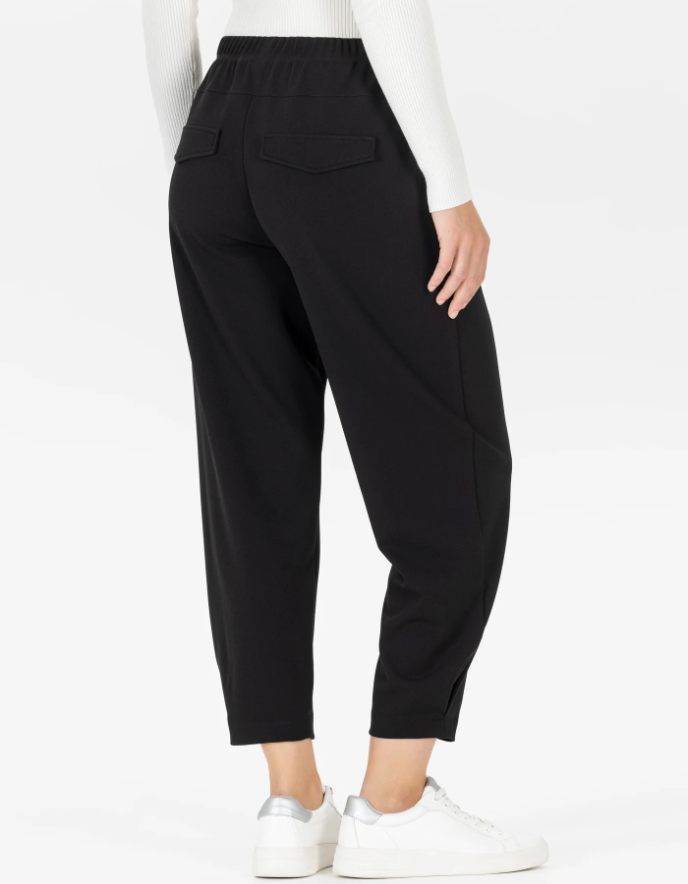 black crepe barrel leg pull on trouser