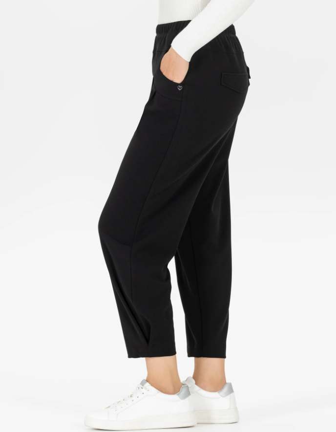black crepe barrel leg pull on trouser