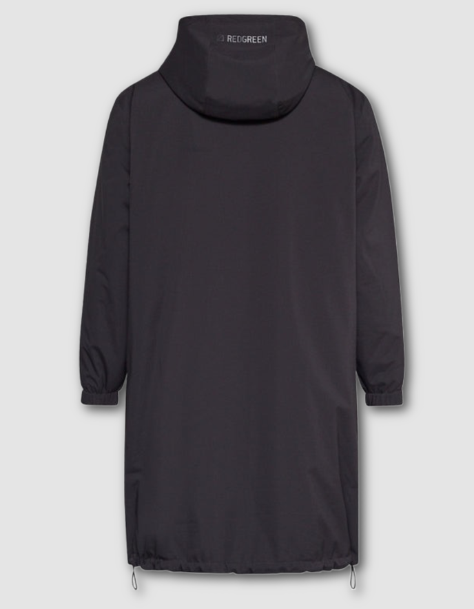 Black coat with a brand logo on the hood against a light gray background