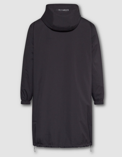 Black coat with a brand logo on the hood against a light gray background