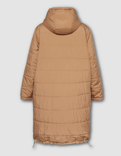 Brown quilted jacket on a light gray background