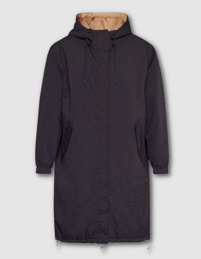 Black hooded coat with beige lining on a light gray background