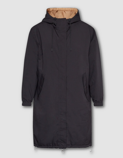 Black hooded coat with beige lining on a light gray background