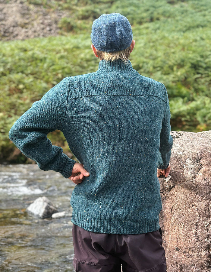 Scots pine green donegal tweed gents half zip wool sweater