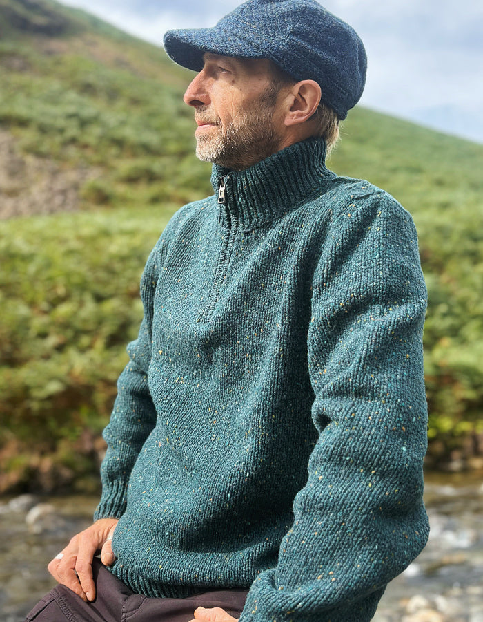 Scots pine green donegal tweed gents half zip wool sweater