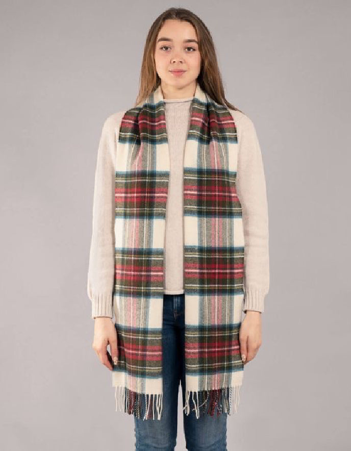 woman wearing a tartan wool scarf