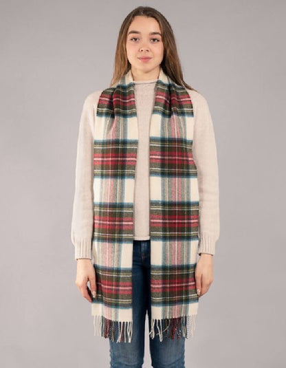 woman wearing a tartan wool scarf