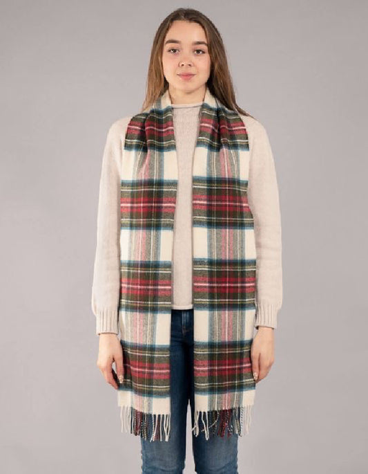 woman wearing a tartan wool scarf